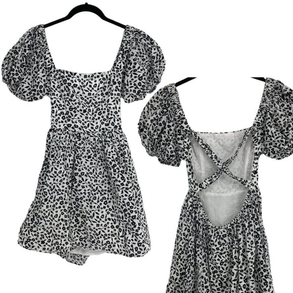 Cotton Candy LA Black & White Floral Puff  Sleeve Cross Back Cotton Mini Dress M - Picture 1 of 16